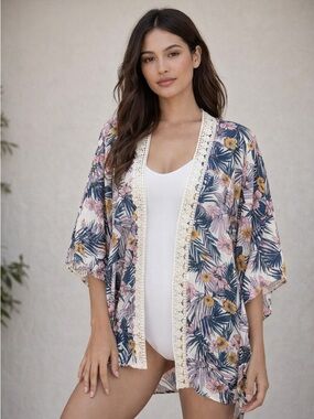 Rewind Floral Lace Trim Kimono Swim Coverup Bohemian Coastal Womens XS